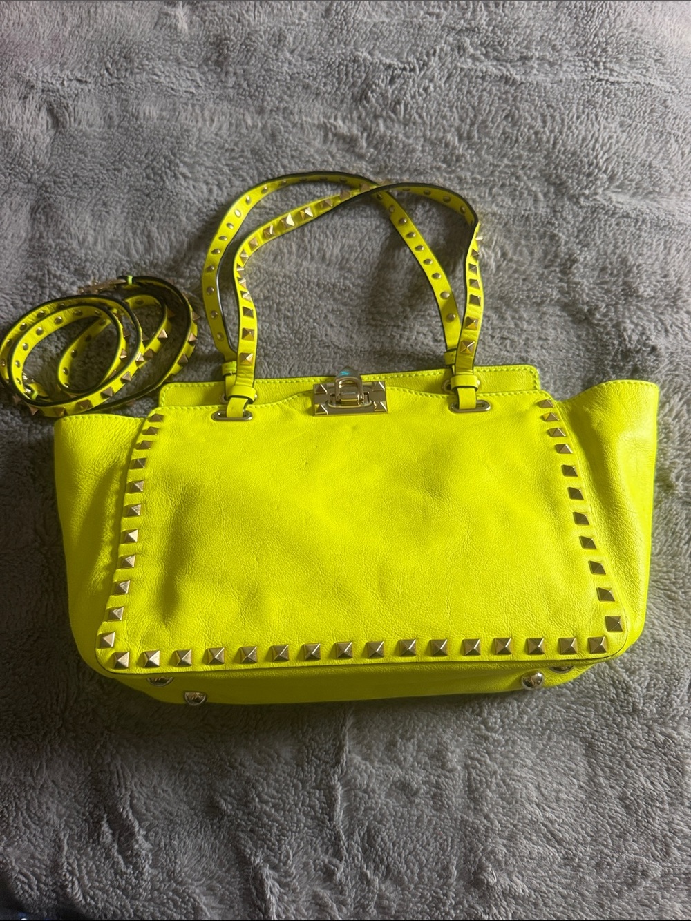 Preloved Valentino Garavani Neon Yellow Studded Leather Tote excellent condition
